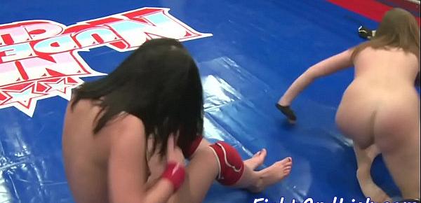  Busty lezzies wrestling and fingering pussies